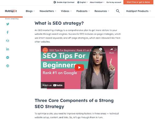 melhores ideias de blog, postagem de marketing da HubSpot sobre SEO apresentando um vídeo.