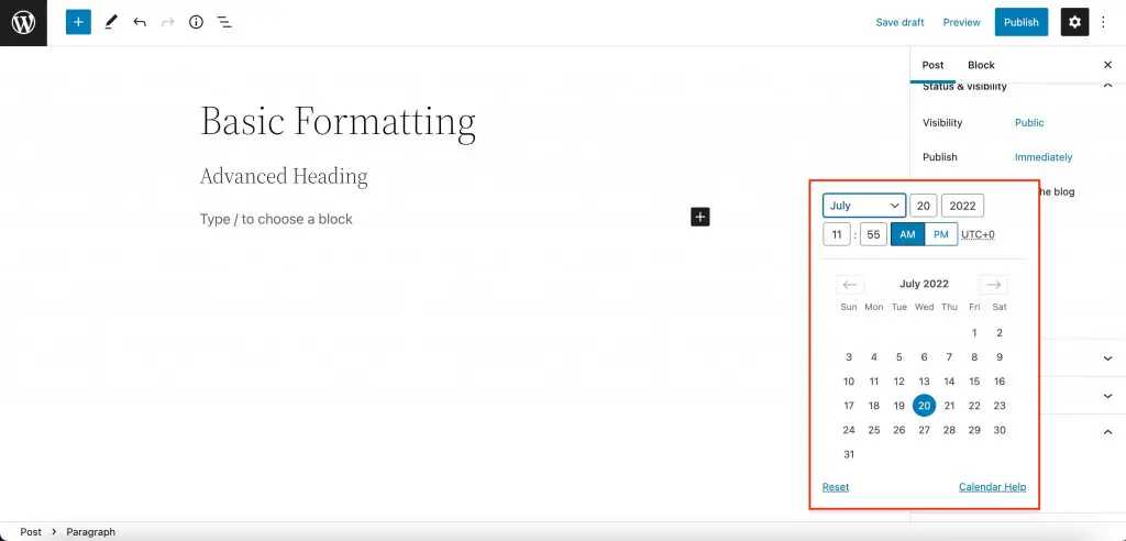 Agende uma postagem no editor de blocos do WordPress