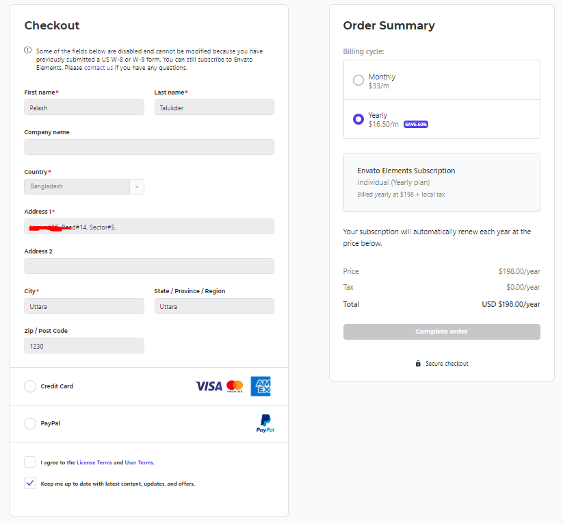 Envato elements checkout
