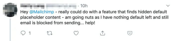 Un tweet dirigido a Mailchimp que ofrece comentarios de los clientes y pide ayuda.