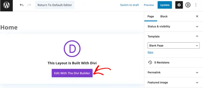 Kliknij przycisk Użyj Divi Builder na środku ekranu Click the Use Divi Builder Button in the Center of the Screen