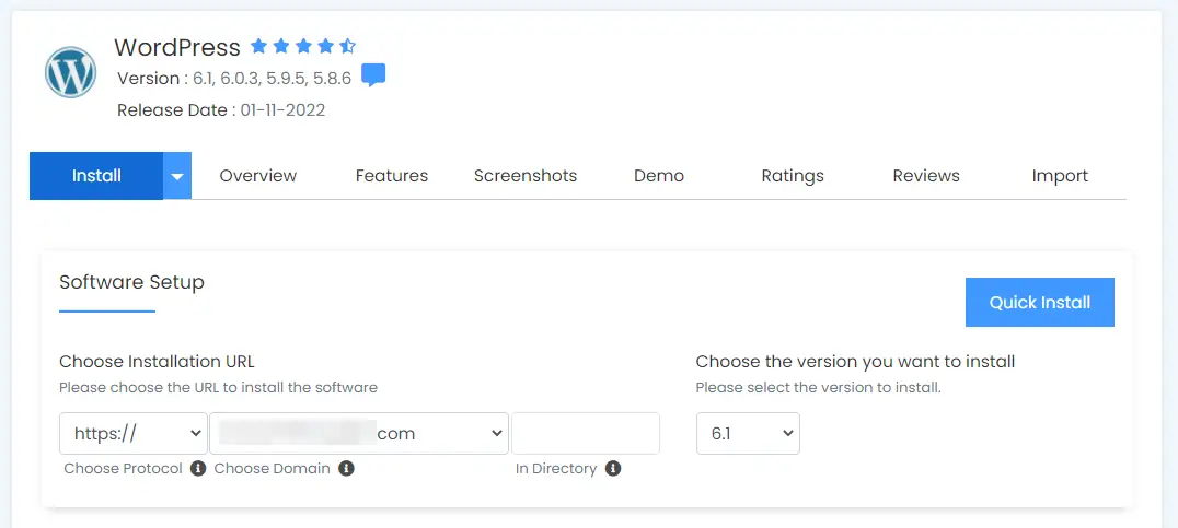Installazione di WordPress sul nome di dominio selezionato tramite cPanel.