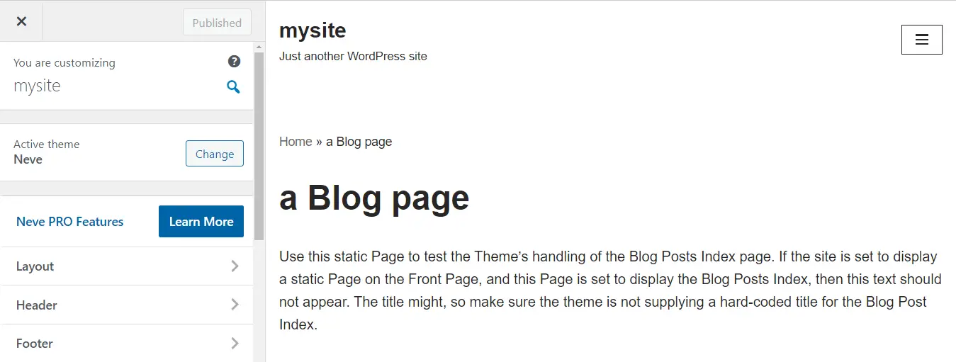 Personalizzazione del tema Neve in WordPress durante la creazione di un sito Web di uno studio legale.