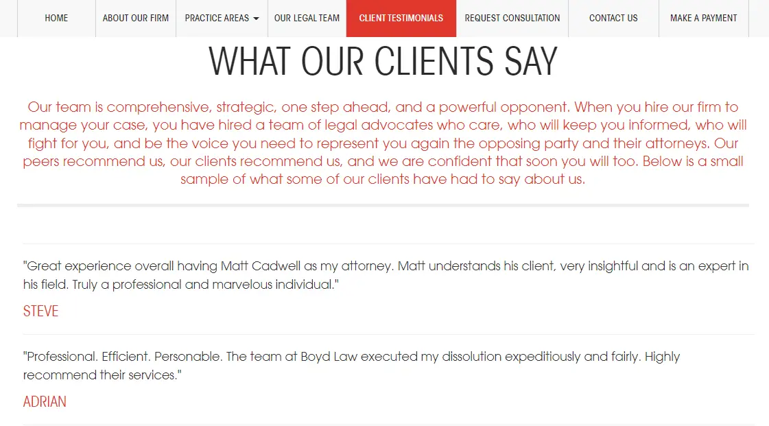 Testimonianze dei clienti sul sito web di uno studio legale