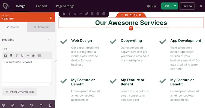 Bearbeiten eines Diensteabschnitts in WordPress
