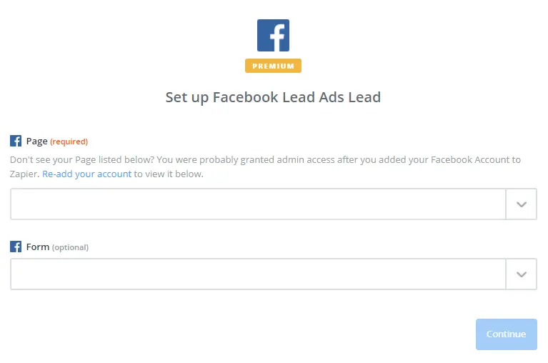 Zapier 上的 Facebook 广告设置表单。