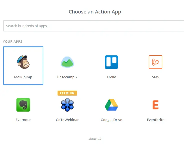 选择 Mailchimp 作为 Zapier 上的应用程序。