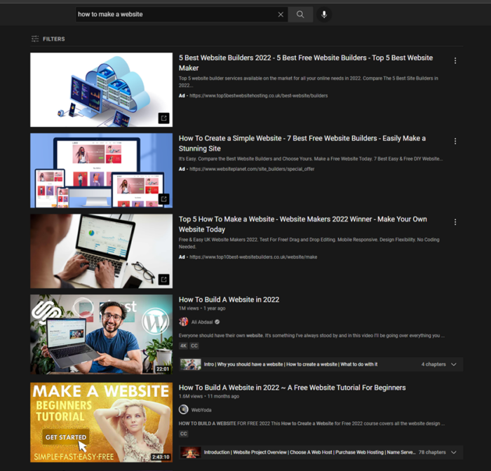 Screenshot der Suchseite von YouTube.