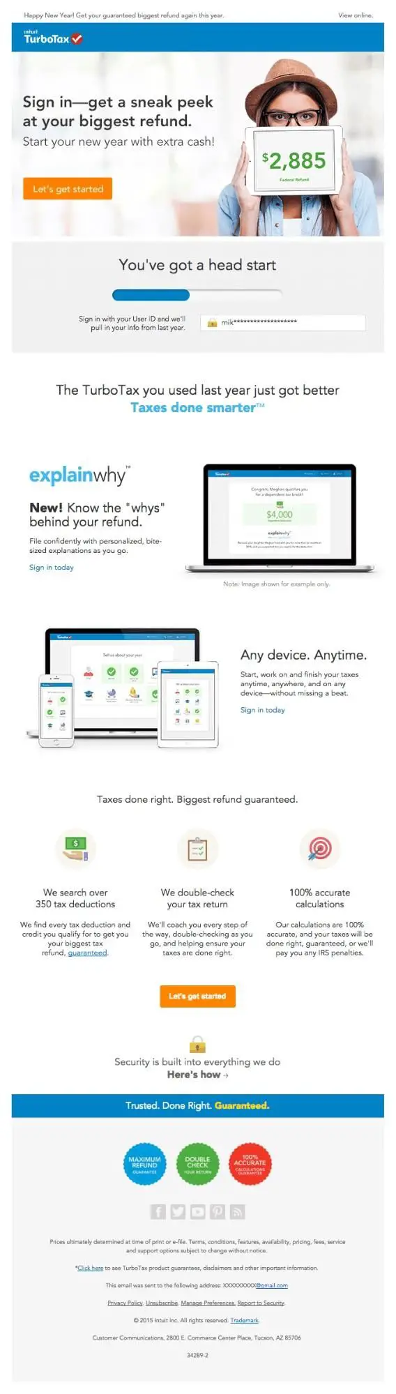 TurboTax 的一张图片演示了如何通过暗示他们的退款可能是什么来诱使观众隐瞒。