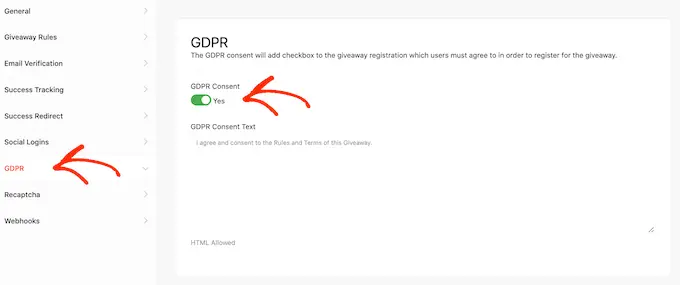 RafflePress에 대한 GDRP 준수 활성화