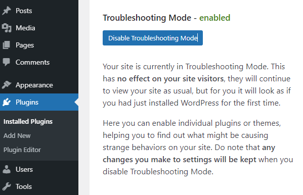 Troubleshooting mode enable