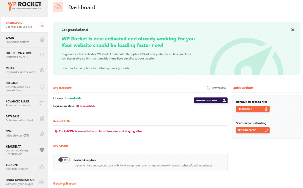 WP Rocket Review (2022): ตัวเร่งความเร็วสำหรับไซต์ WordPress ของคุณ! 4 WP Rocket dashboard