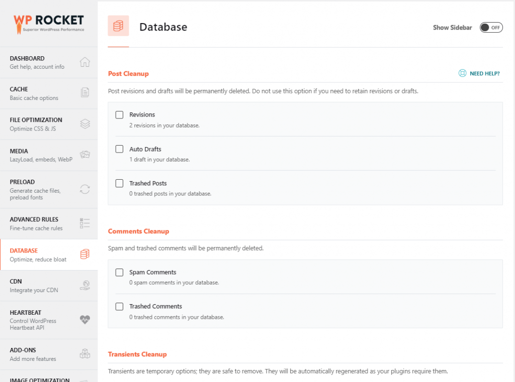 WP Rocket Review (2022): ตัวเร่งความเร็วสำหรับไซต์ WordPress ของคุณ! 10 WP rocket database tab