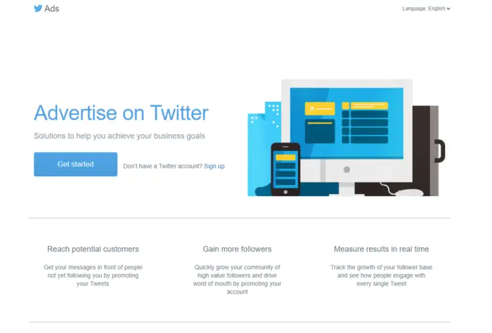 用于社交媒体提示的 Twitter 业务网页的屏幕截图。