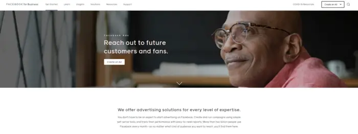 用于社交媒体提示的 Meta Business 网页的屏幕截图。