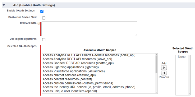 إكمال قسم إعدادات OAuth Enable oauth settings option