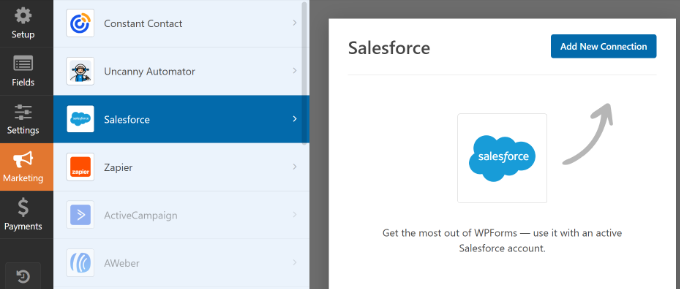 انتقل إلى علامة التبويب Marketing - Salesforce لإضافة اتصال Salesforce جديد للنموذج الخاص بك Add Salesforce connection to your form
