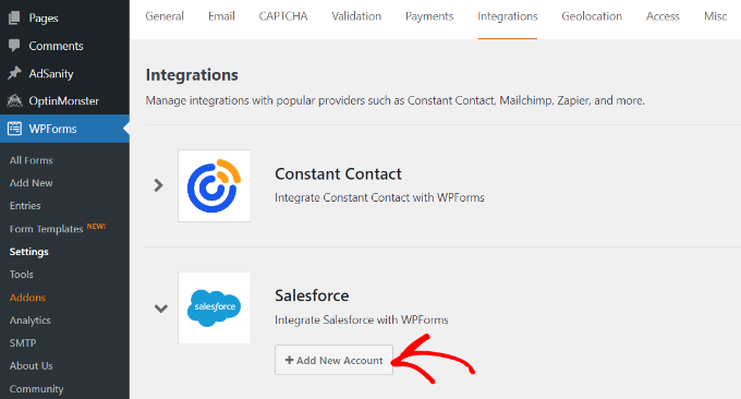 إعدادات WPForms - علامة تبويب التكامل في مسؤول WordPress Click salesforce integration