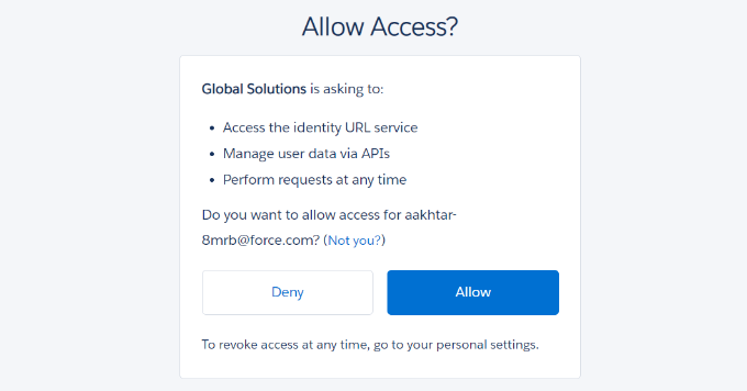 اسمح لـ WPForms بالوصول إلى حساب Salesforce الخاص بك من خلال تطبيقك Allow access to salesforce