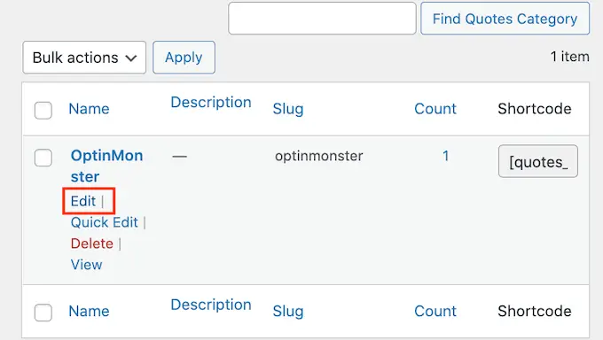 在 WordPress 儀表板中編輯報價類別