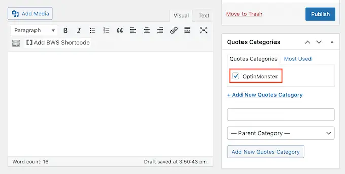 在 WordPress 儀表板中選擇報價類別