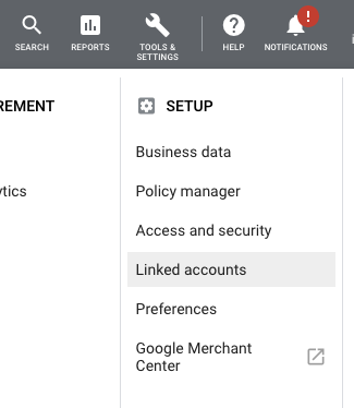 Élément de menu "Comptes associés" dans Google Ads