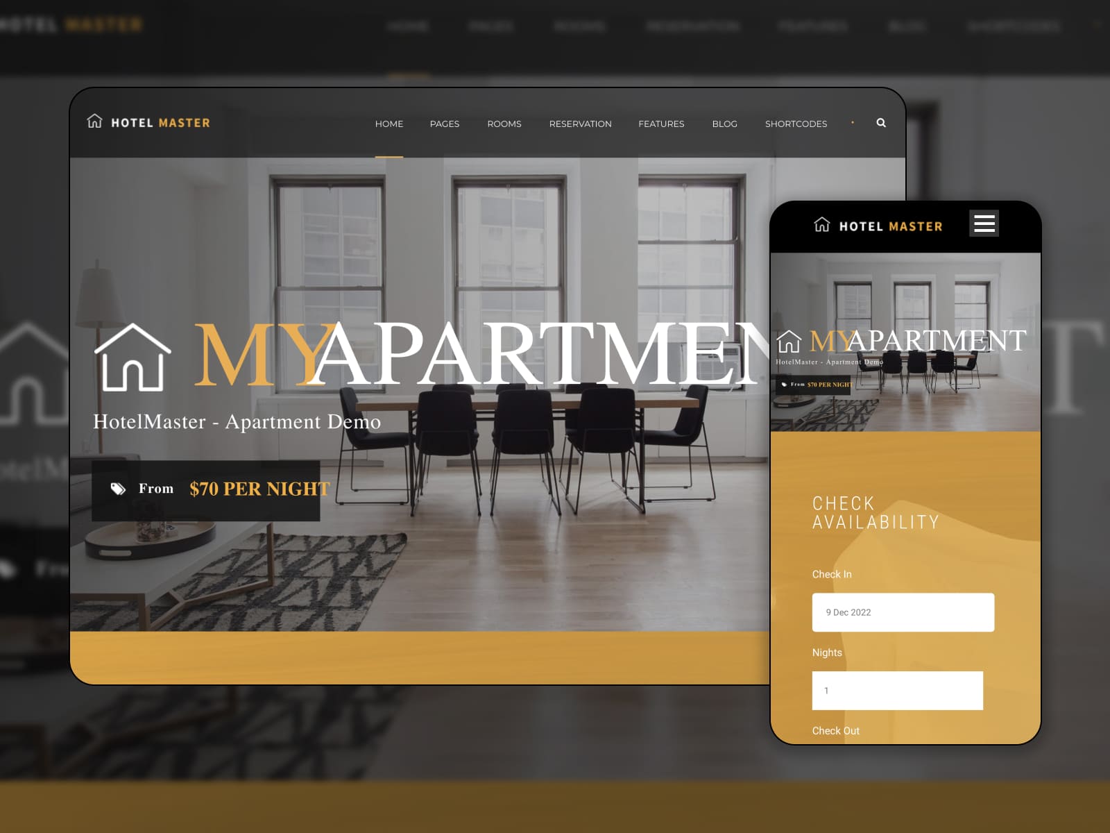 ภาพตัดปะที่แสดงธีมการเช่าอพาร์ทเมนต์ของ Hotel Master สำหรับ WordPress บนอุปกรณ์ต่างๆ