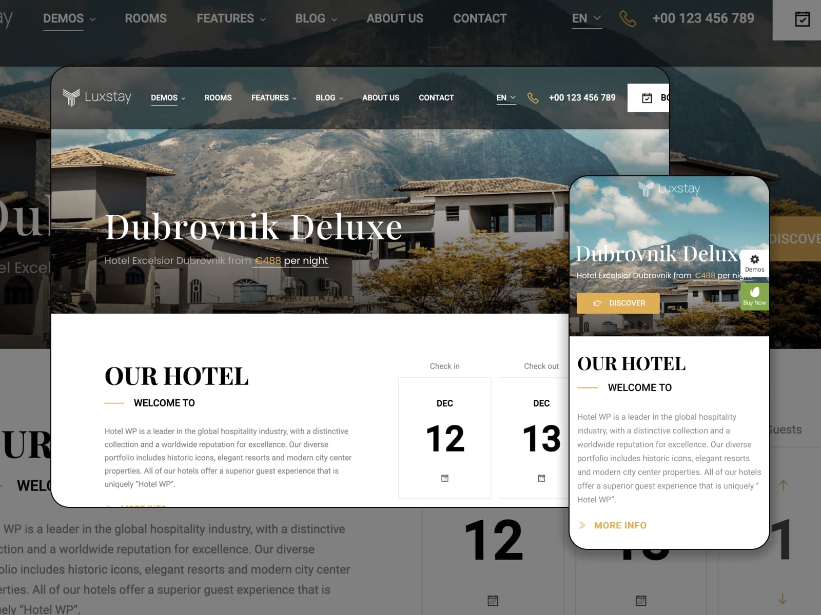ภาพตัดปะของมุมมองต่างๆ ของธีม WordPress สำหรับเช่าอพาร์ทเมนต์ LuxStay