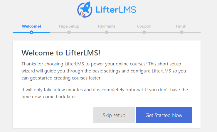 LifterLMS 與 LearnDash(2021 年):哪個是最好的? 3 LifterLMS setup wizard