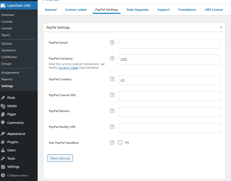 LifterLMS 與 LearnDash(2021 年):哪個是最好的? 12 Learndash paypal settings