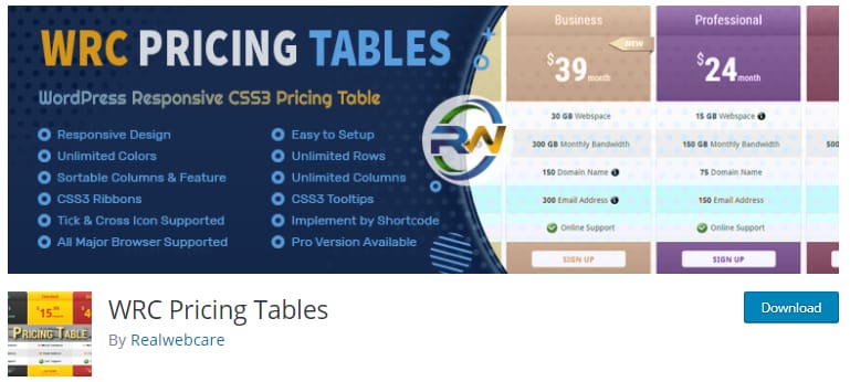 WRC pricing tables plugin