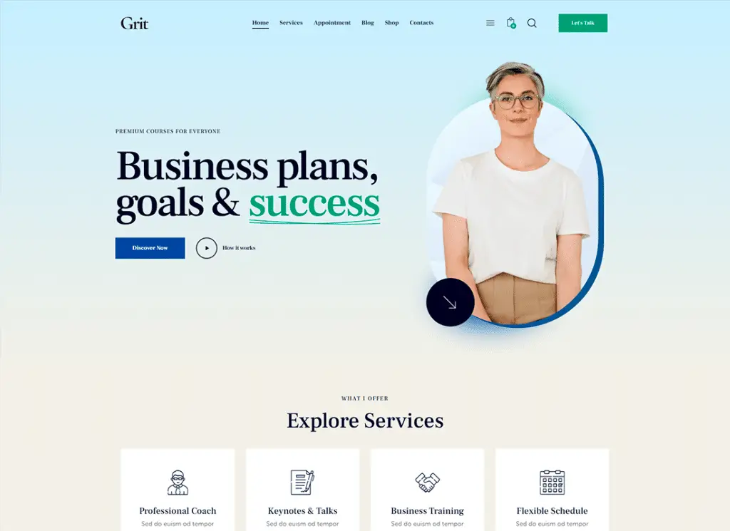 Grit - Coaching & Cours en ligne Thème WordPress Multiskin
