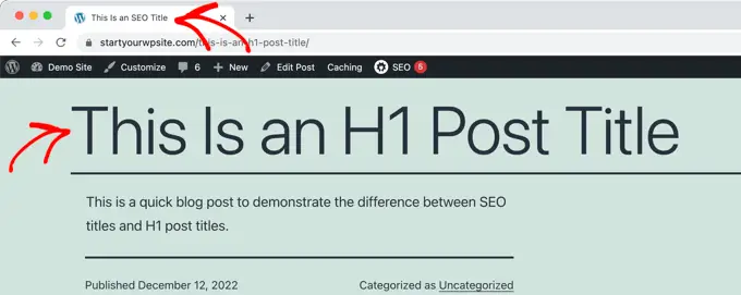 投稿の H1 タイトルとブラウザ タブの SEO タイトルの例