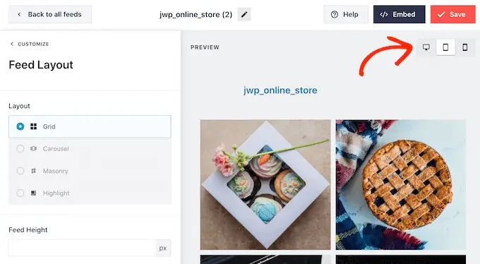 Anteprima dell'aspetto del layout del feed di Instagram su smartphone e dispositivi mobili