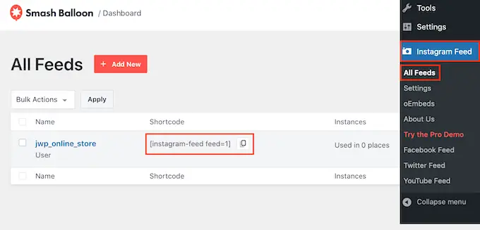 Ottenere il codice per un feed Instagram personalizzato