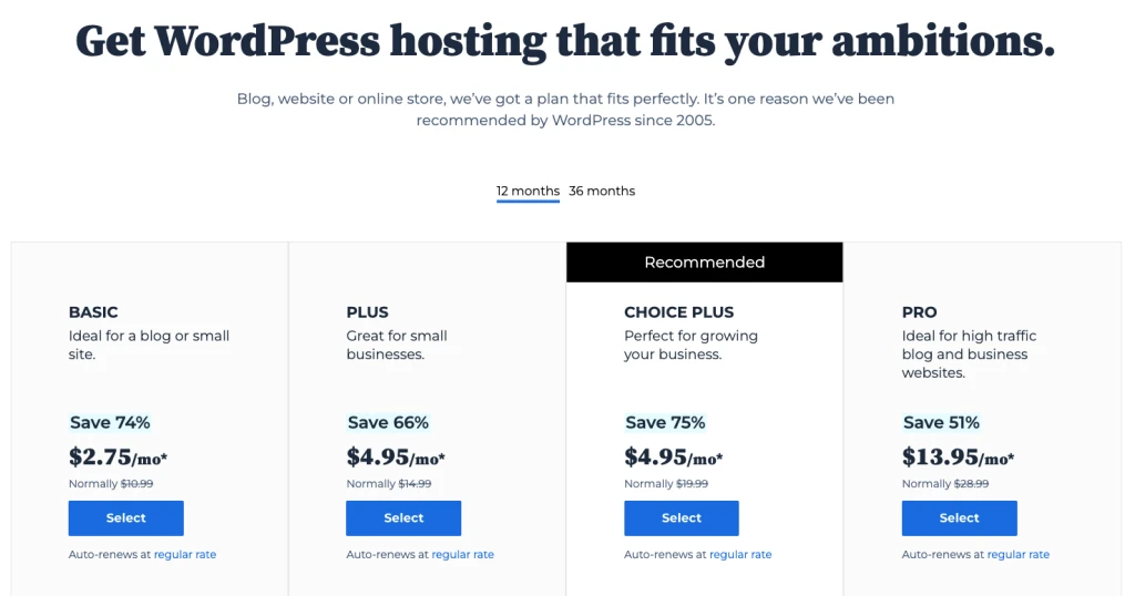 Planuri de prețuri pentru găzduirea WordPress Bluehost