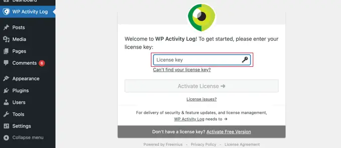 Dodaj klucz licencyjny do dziennika aktywności WP