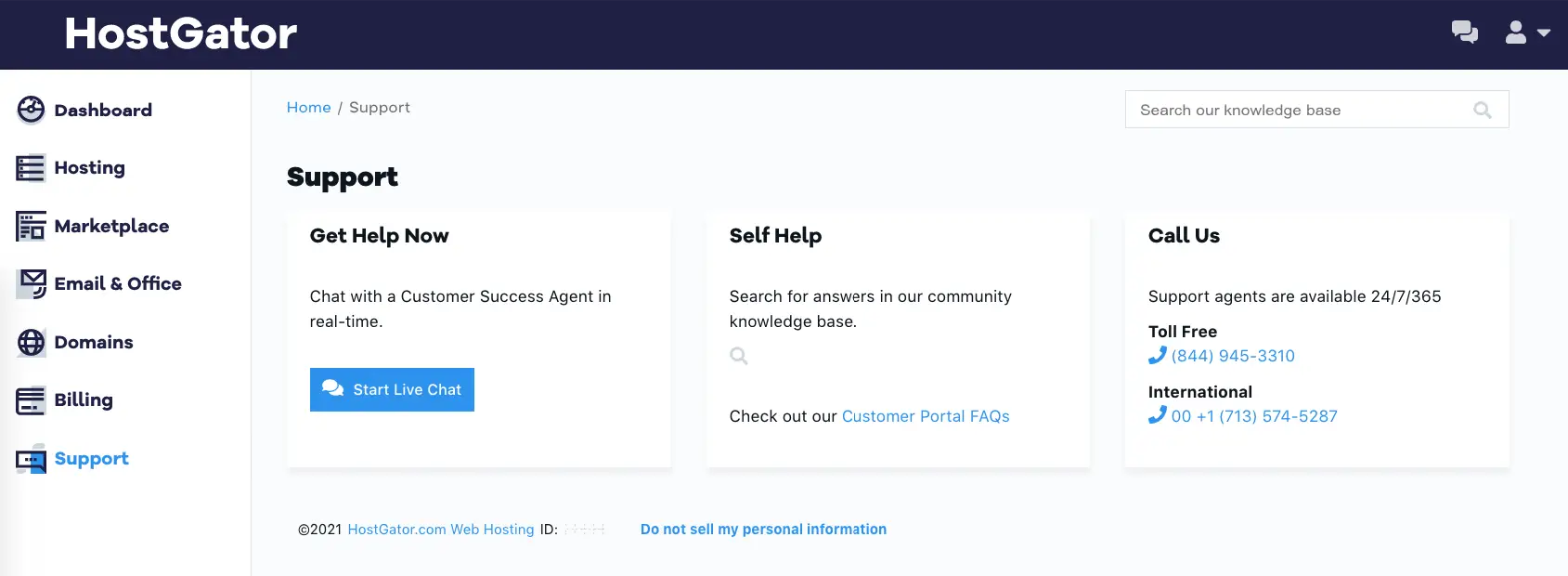 Opciones de soporte de HostGator