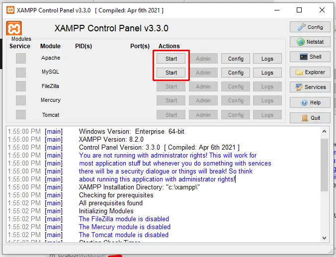 ปุ่มเริ่ม Apache และ MySQL