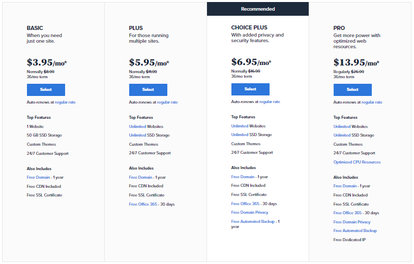 Bluhost shared hosting price