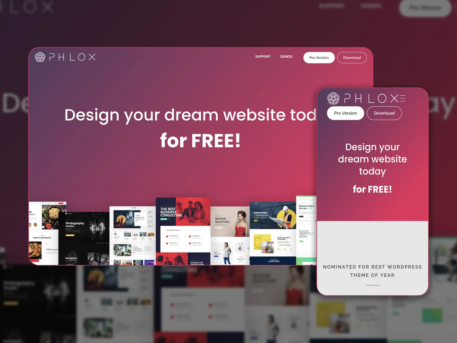 Il tema gratuito WordPerss multiuso Phlox mostrato in varie demo e varie combinazioni di colori.
