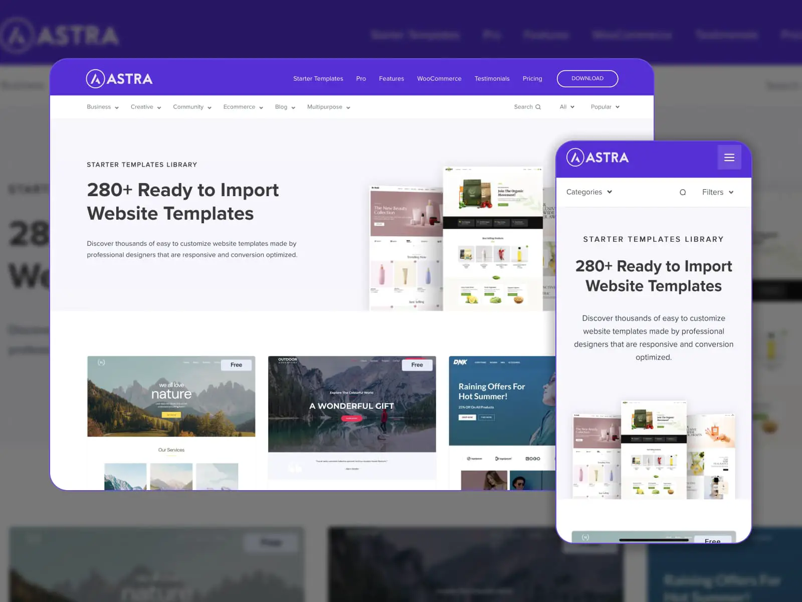 Un tema WordPress Astra potente e veloce con demo multiuso nei colori viola.