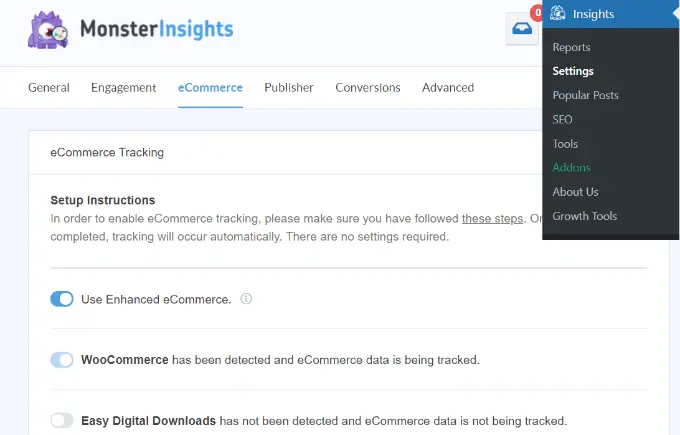 Aktivieren Sie die E-Commerce-Berichterstellung in MonsterInsights Use enhanced ecommerce option