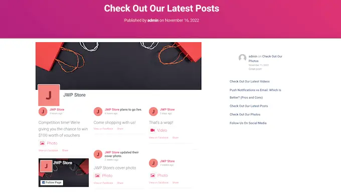 Uma linha do tempo de postagem no Facebook, incorporada em um site WordPress. A Facebook post timeline, embedded on a WordPress website.