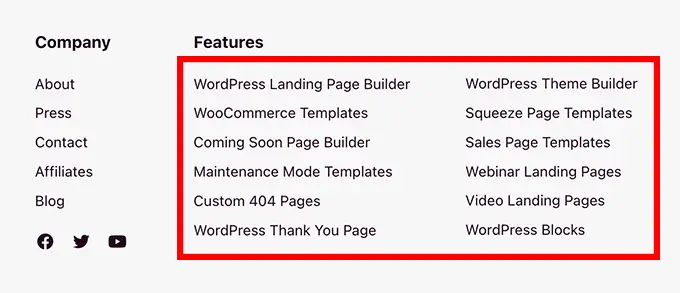 مثال على روابط التذييل Footer links example