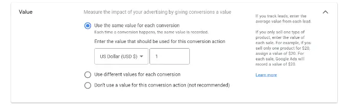 Geben Sie den Wert für die Conversion-Aktion ein Enter value for conversion action