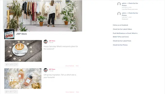 Smash Balloon を使用して作成された Facebook タイムラインの例 An example Facebook timeline, created using Smash Balloon