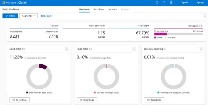 Anzeigen des Microsoft Clarity Analytics-Dashboards Viewing the Microsoft Clarity analytics dashboard