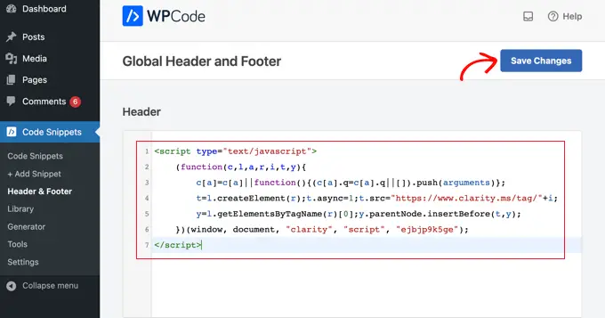 Fügen Sie den Microsoft Clarity Tracking Code in das Header-Feld von WPCode ein Paste the Microsoft Clarity Tracking Code Into WPCode's Header Field