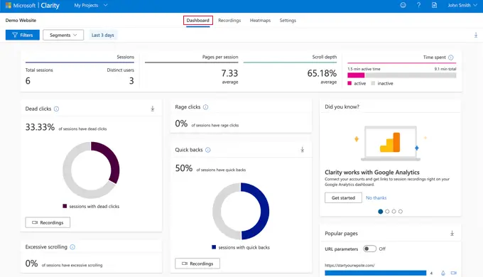 Anzeigen des Microsoft Clarity Analytics-Dashboards Viewing the Microsoft Clarity analytics dashboard